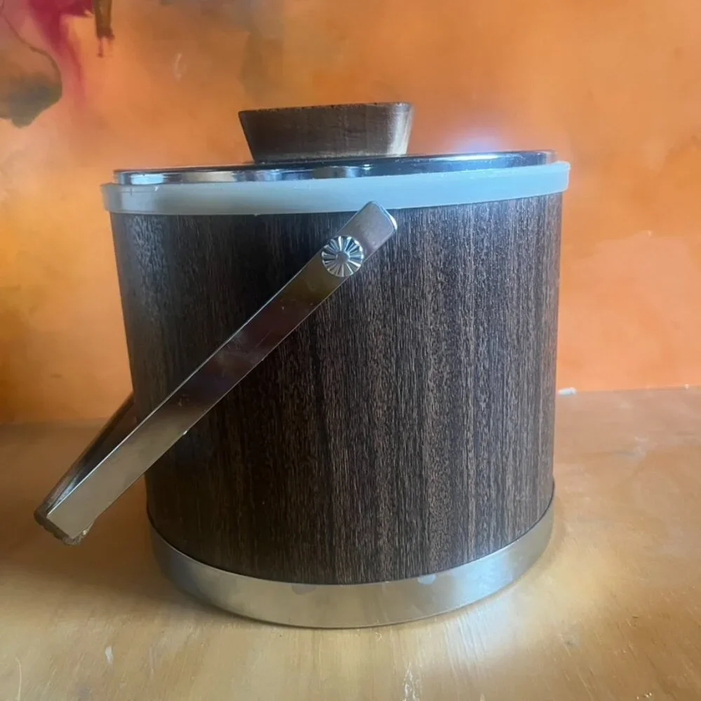 Vintage Kromex MCM Ice Bucket With Faux Wood, Stainless Lid & Wooden Handle